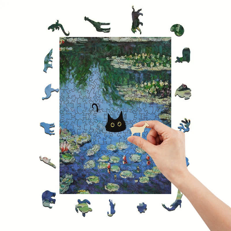 Rubbyoo Water Lilies And Black Cat - Wooden Jigsaw Puzzle