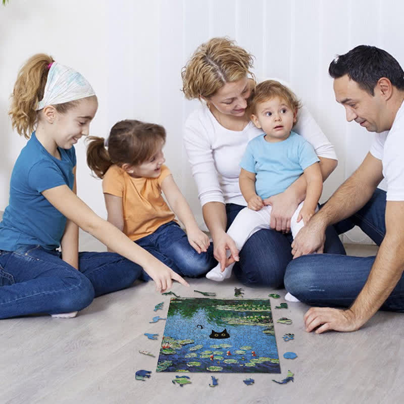 Rubbyoo Water Lilies And Black Cat - Wooden Jigsaw Puzzle