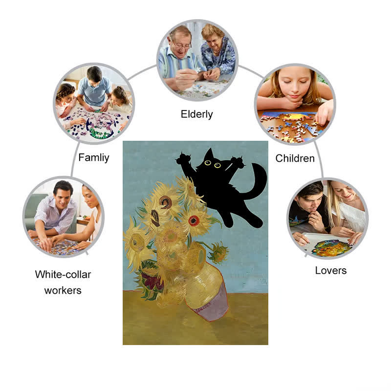 Rubbyoo Sunflowers Cat - Wooden Jigsaw Puzzle