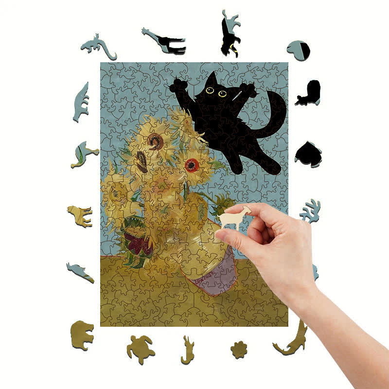 Rubbyoo Sunflowers Cat - Wooden Jigsaw Puzzle