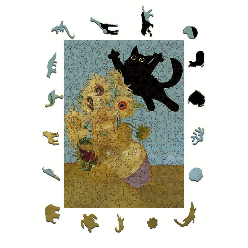 Rubbyoo Sunflowers Cat - Wooden Jigsaw Puzzle