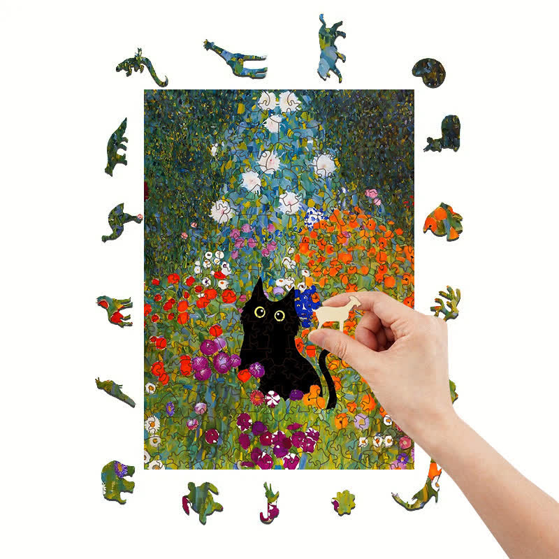 Rubbyoo Black Cat In Flowers Garden - Wooden Jigsaw Puzzle