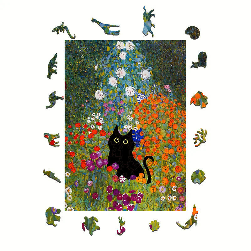 Rubbyoo Black Cat In Flowers Garden - Wooden Jigsaw Puzzle