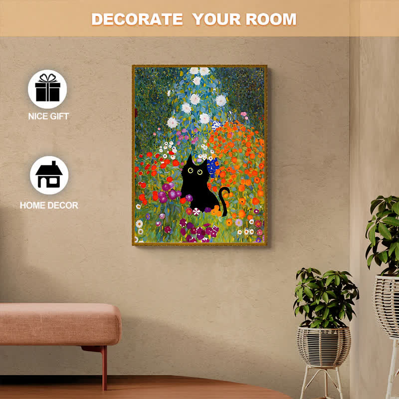 Rubbyoo Black Cat In Flowers Garden - Wooden Jigsaw Puzzle