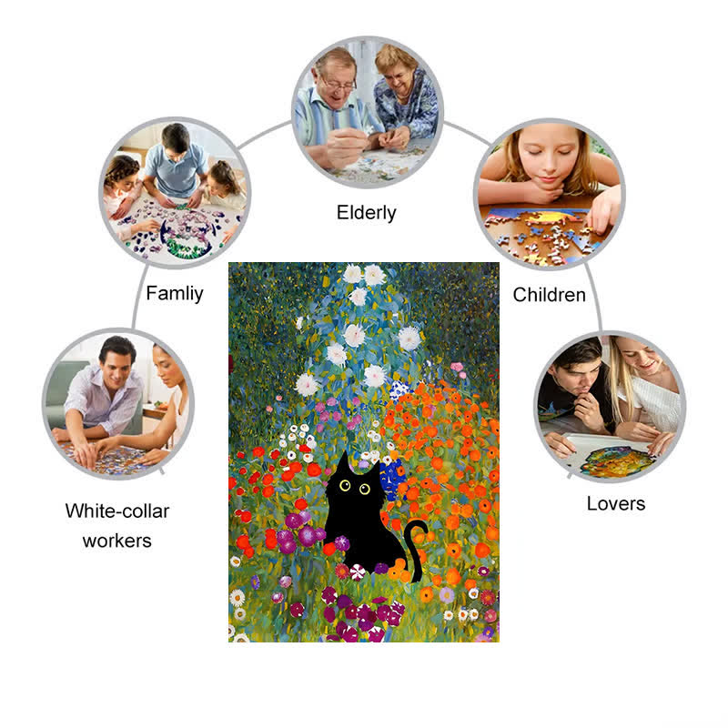 Rubbyoo Black Cat In Flowers Garden - Wooden Jigsaw Puzzle