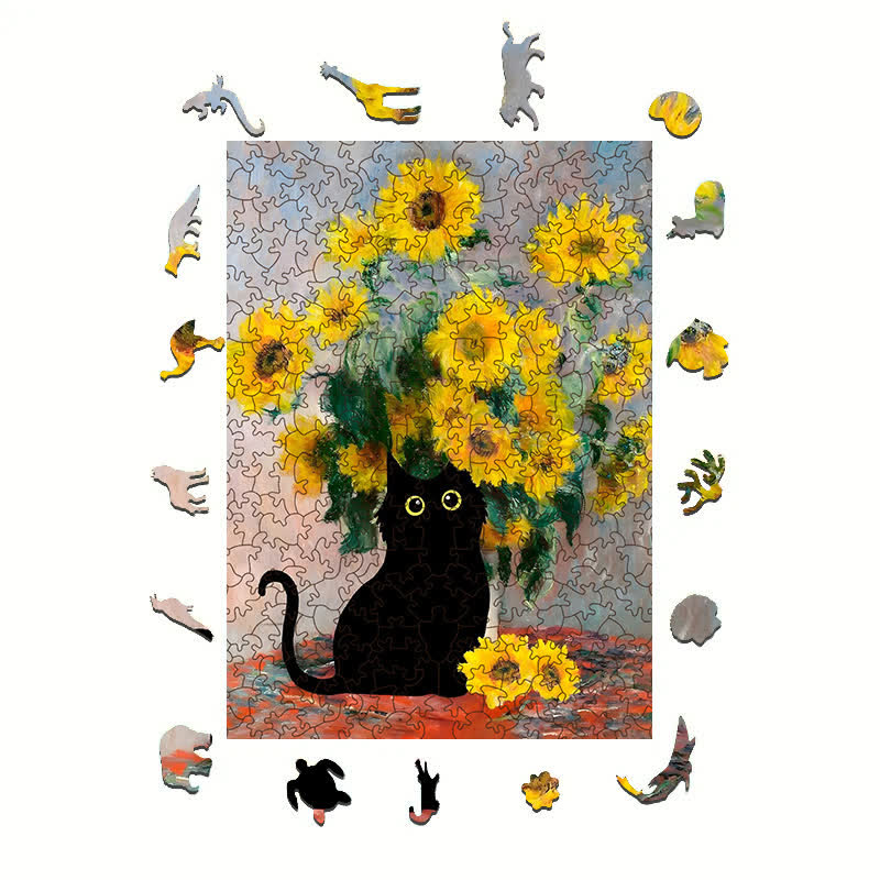 Rubbyoo Claude Monet Sunflowers Cat - Wooden Jigsaw Puzzle