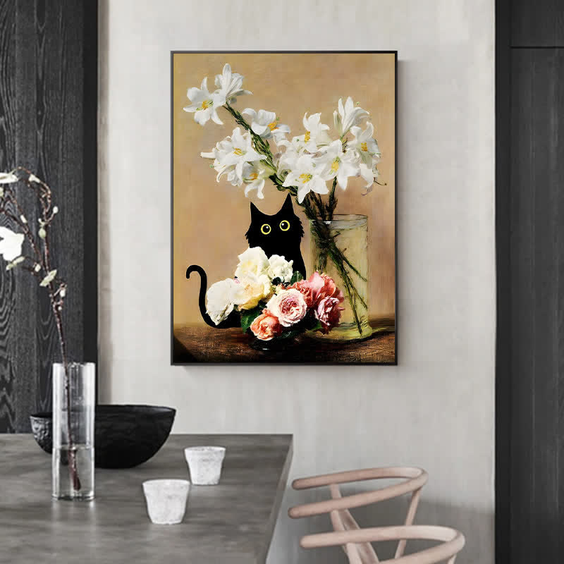 Rubbyoo Cute Black Cat With Roses And Lilies - Wooden Jigsaw Puzzle