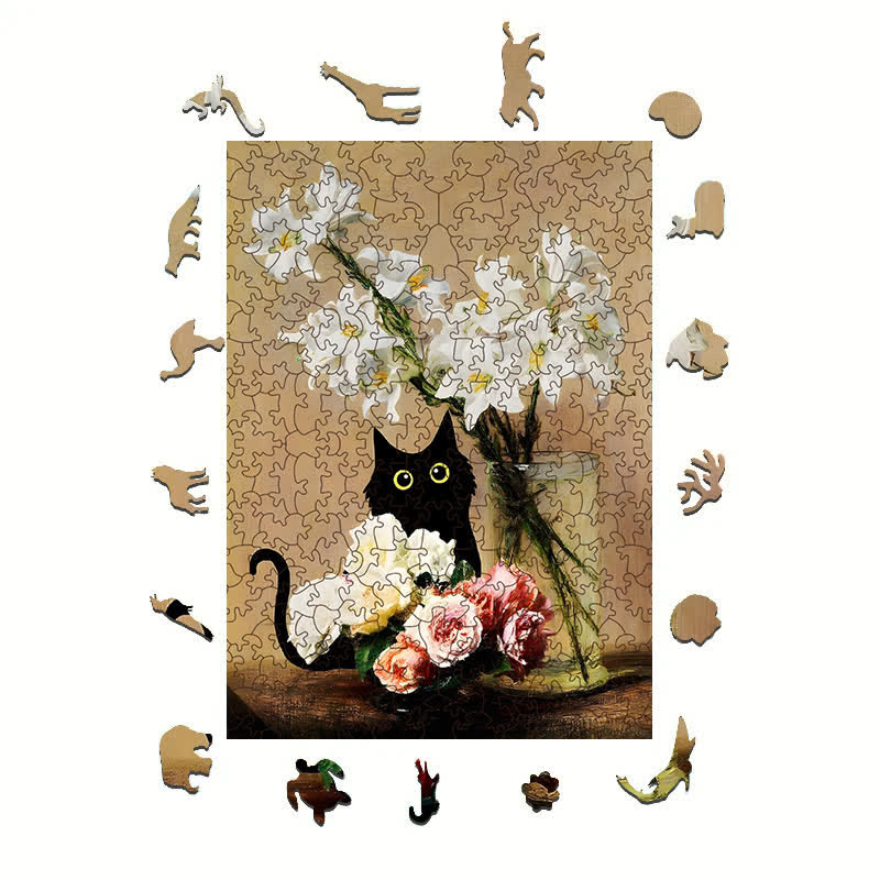 Rubbyoo Cute Black Cat With Roses And Lilies - Wooden Jigsaw Puzzle