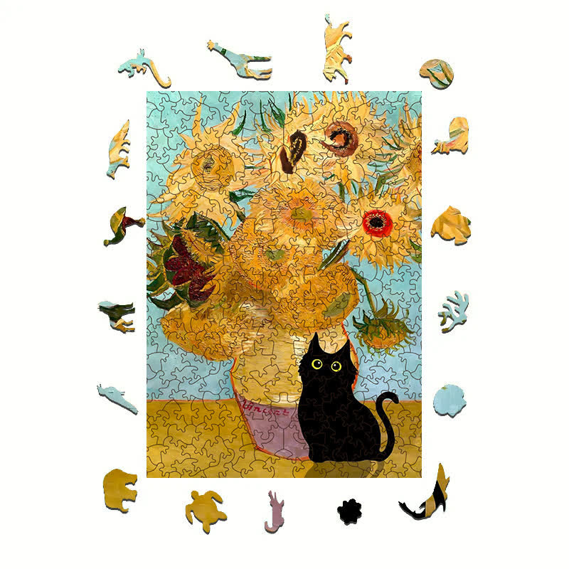 Rubbyoo Cat with Sunflowers - Wooden Jigsaw Puzzle