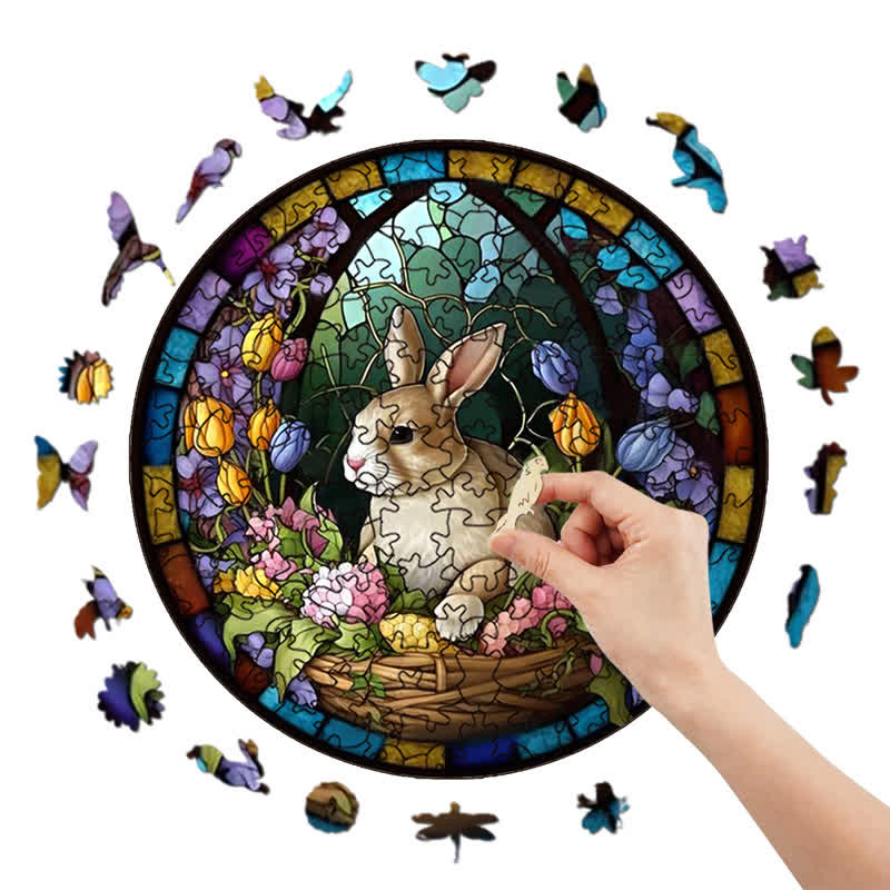 Rubbyoo Bunny Floral Basket Sign - Wooden Jigsaw Puzzle