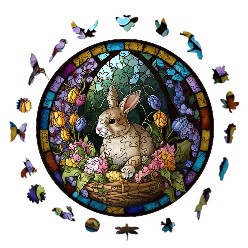 Rubbyoo Bunny Floral Basket Sign - Wooden Jigsaw Puzzle