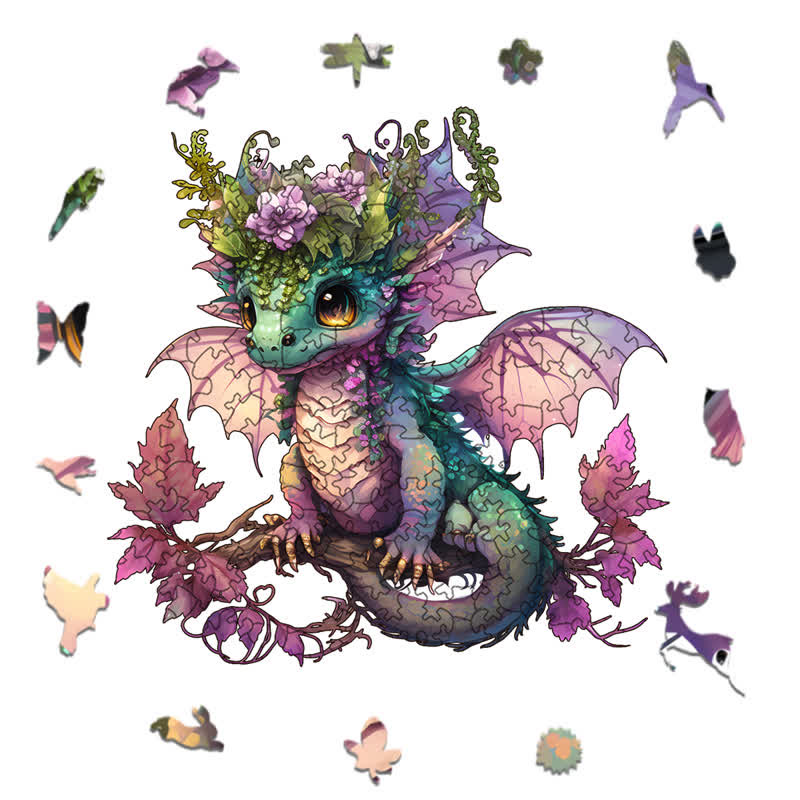 Rubbyoo Adorable Little Baby Dragon And Flowers - Wooden Jigsaw Puzzle