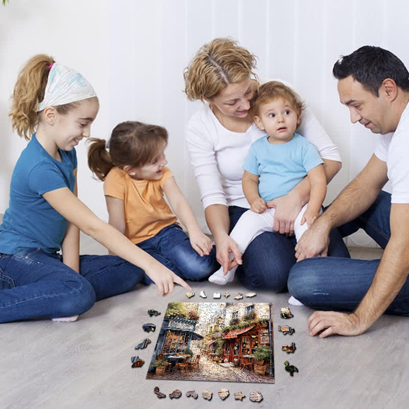 Rubbyoo Cafe in Narrow Alley - Wooden Jigsaw Puzzle