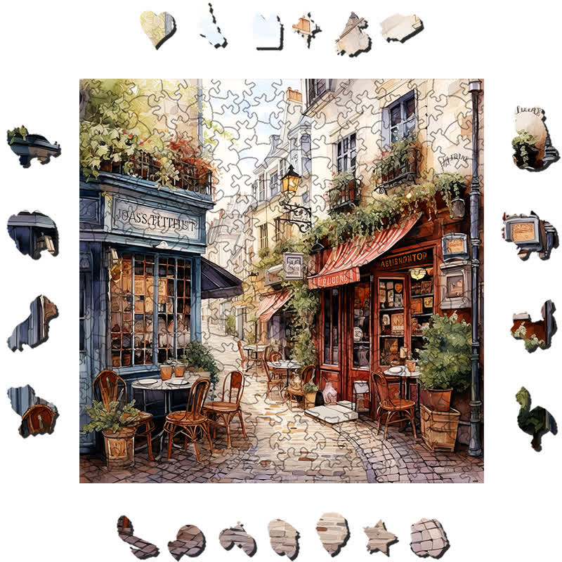 Rubbyoo Cafe in Narrow Alley - Wooden Jigsaw Puzzle