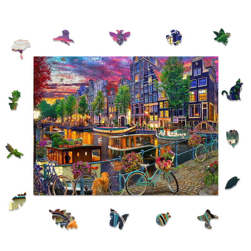 Rubbyoo Biking in Amsterdam - Wooden Jigsaw Puzzle