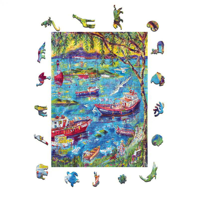 Rubbyoo Boats at Sunset Bay - Wooden Jigsaw Puzzle