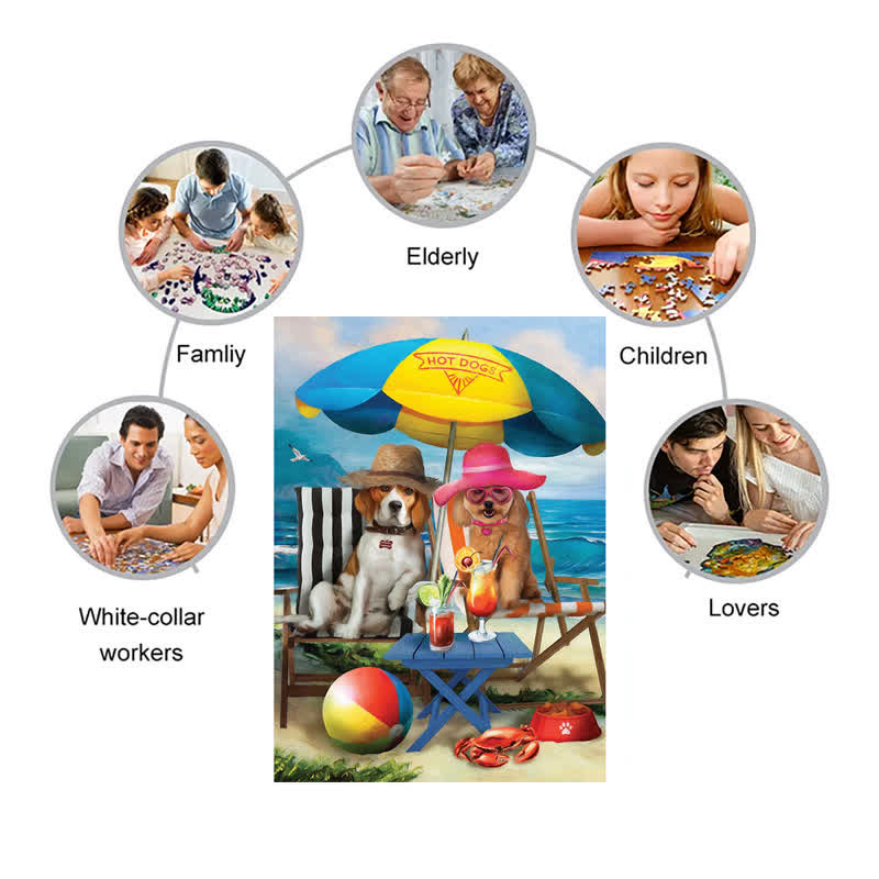 Rubbyoo Dogs On The Beach Funny - Wooden Jigsaw Puzzle