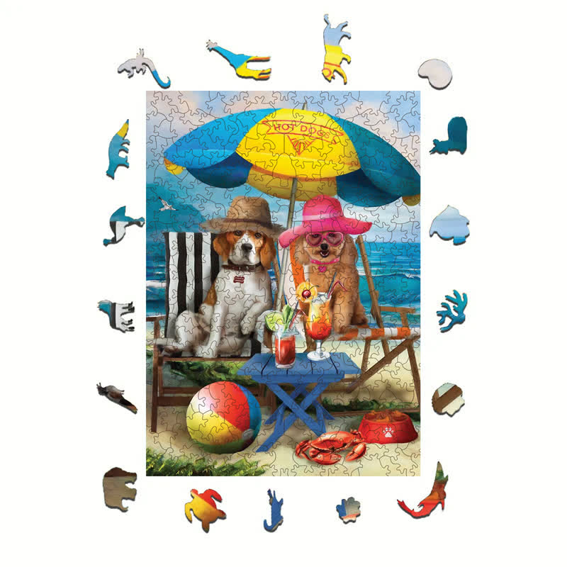 Rubbyoo Dogs On The Beach Funny - Wooden Jigsaw Puzzle