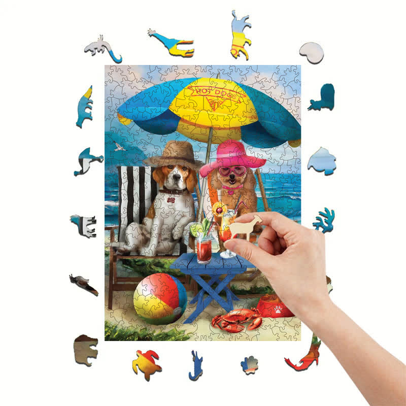 Rubbyoo Dogs On The Beach Funny - Wooden Jigsaw Puzzle