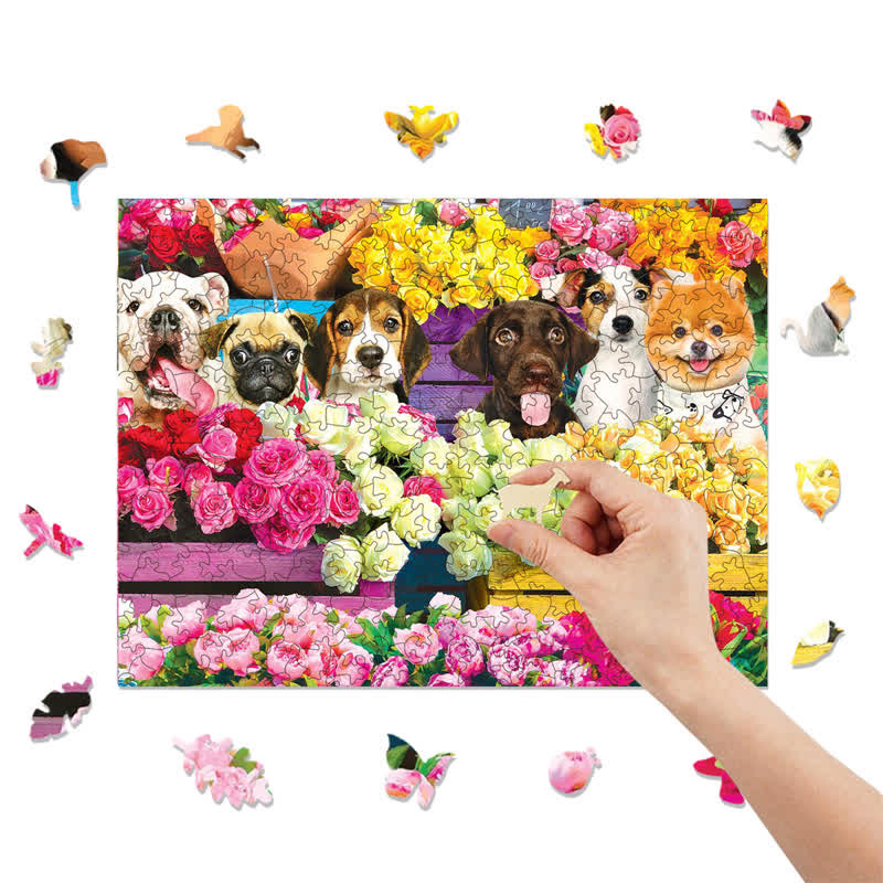 Rubbyoo Flower Market Pups - Wooden Jigsaw Puzzle