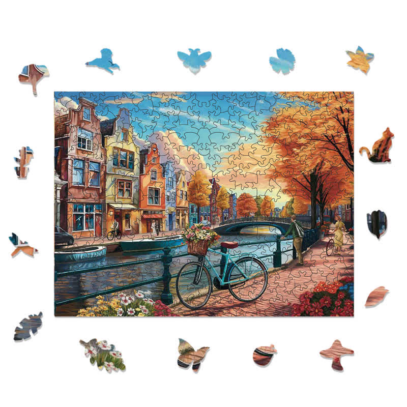 Rubbyoo Cycling Around Amsterdam - Wooden Jigsaw Puzzle