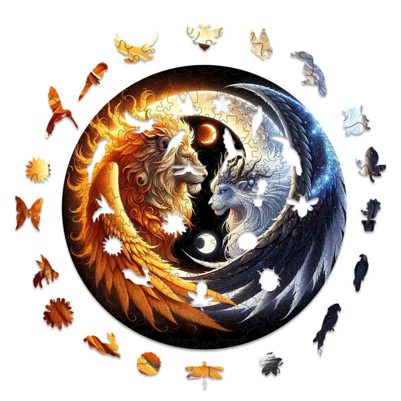 Rubbyoo Sun And Moon Winged Lions Yin Yang - Wooden Jigsaw Puzzle