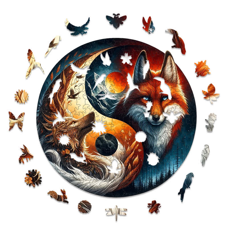 Rubbyoo Fox and Wolf Yin Yang - Wooden Jigsaw Puzzle