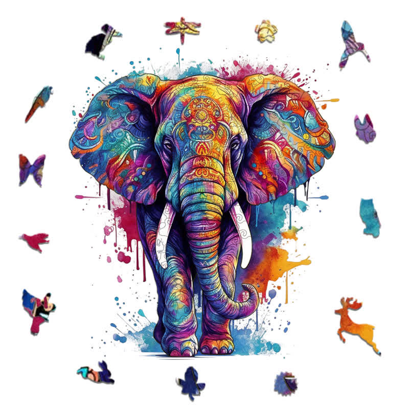 Rubbyoo Rainbow Elephant Blue - Wooden Jigsaw Puzzle