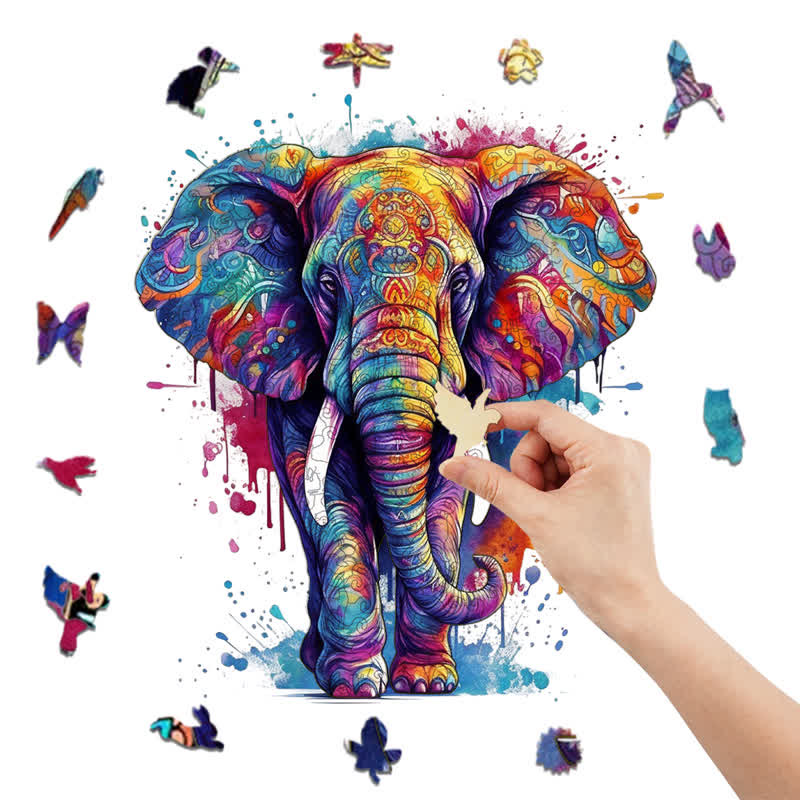 Rubbyoo Rainbow Elephant Blue - Wooden Jigsaw Puzzle