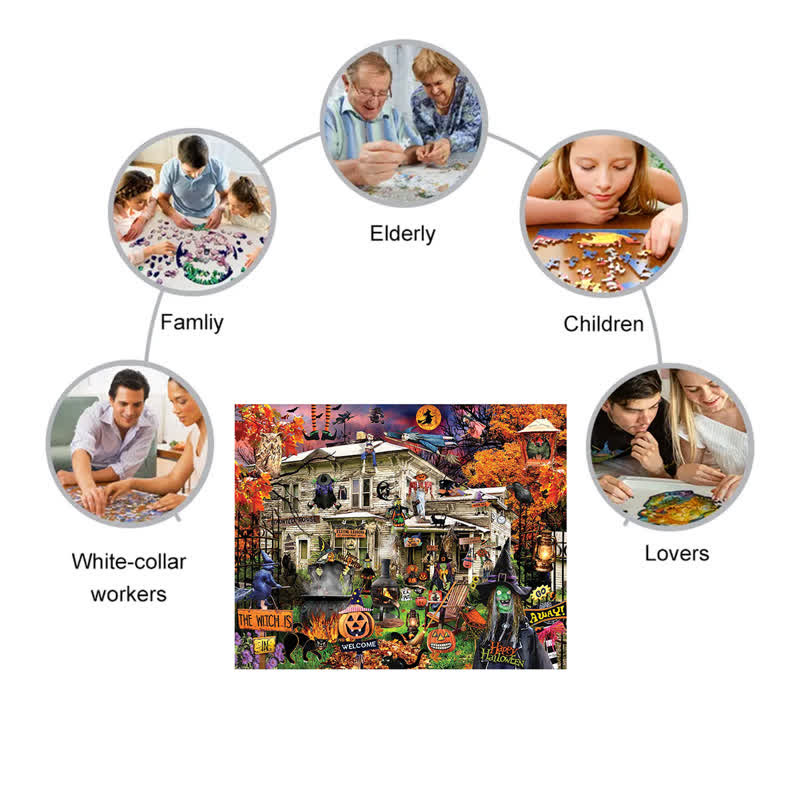 Rubbyoo Witches Welcome Halloween Black Cat Haunted House - Wooden Jigsaw Puzzle