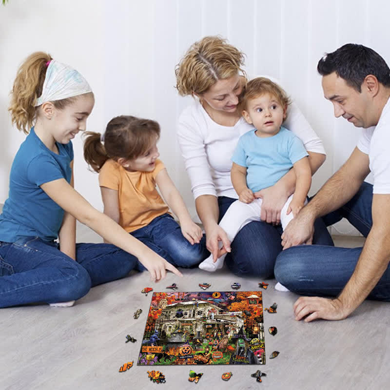 Rubbyoo Witches Welcome Halloween Black Cat Haunted House - Wooden Jigsaw Puzzle