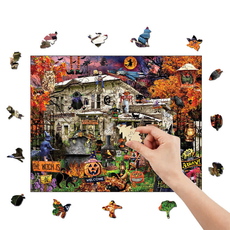 Rubbyoo Witches Welcome Halloween Black Cat Haunted House - Wooden Jigsaw Puzzle