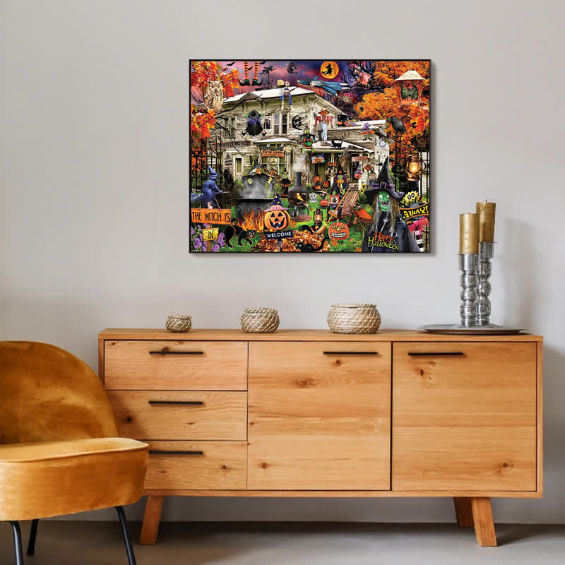 Rubbyoo Witches Welcome Halloween Black Cat Haunted House - Wooden Jigsaw Puzzle