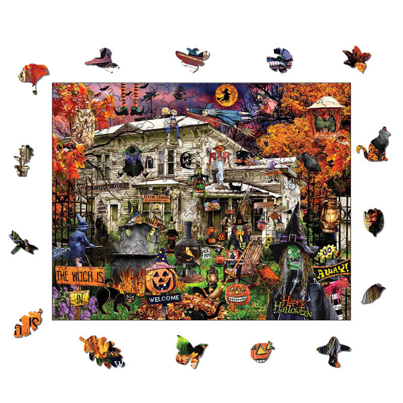Rubbyoo Witches Welcome Halloween Black Cat Haunted House - Wooden Jigsaw Puzzle