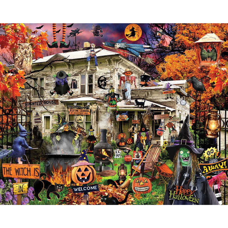 Rubbyoo Witches Welcome Halloween Black Cat Haunted House - Wooden Jigsaw Puzzle