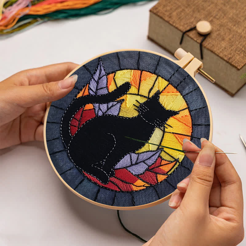 Rubbyoo Embroidery Kit - Halloween Black Cat Stained Glass - image 2