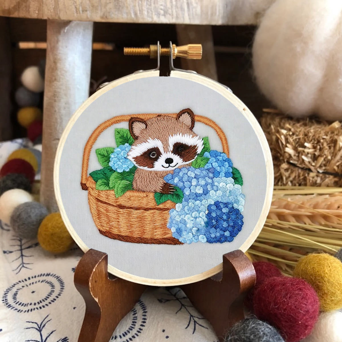 Rubbyoo Embroidery Kit-cute Raccoon In Basket Diy Craft Kits | For Craft Lover - image 2