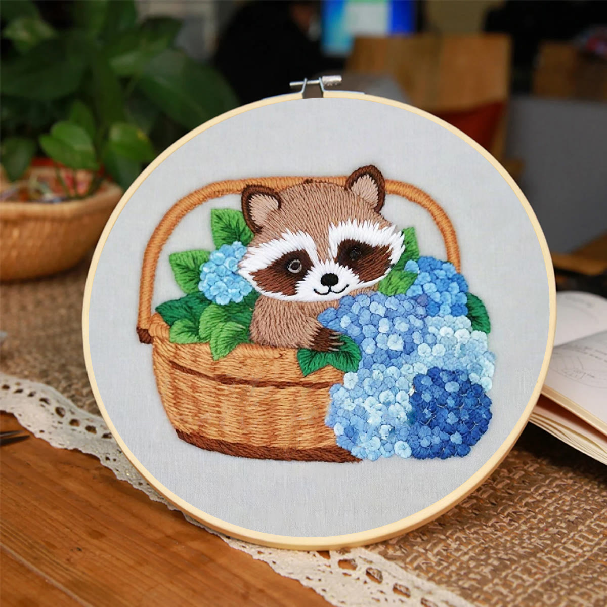 Rubbyoo Embroidery Kit-cute Raccoon In Basket Diy Craft Kits | For Craft Lover - image 3