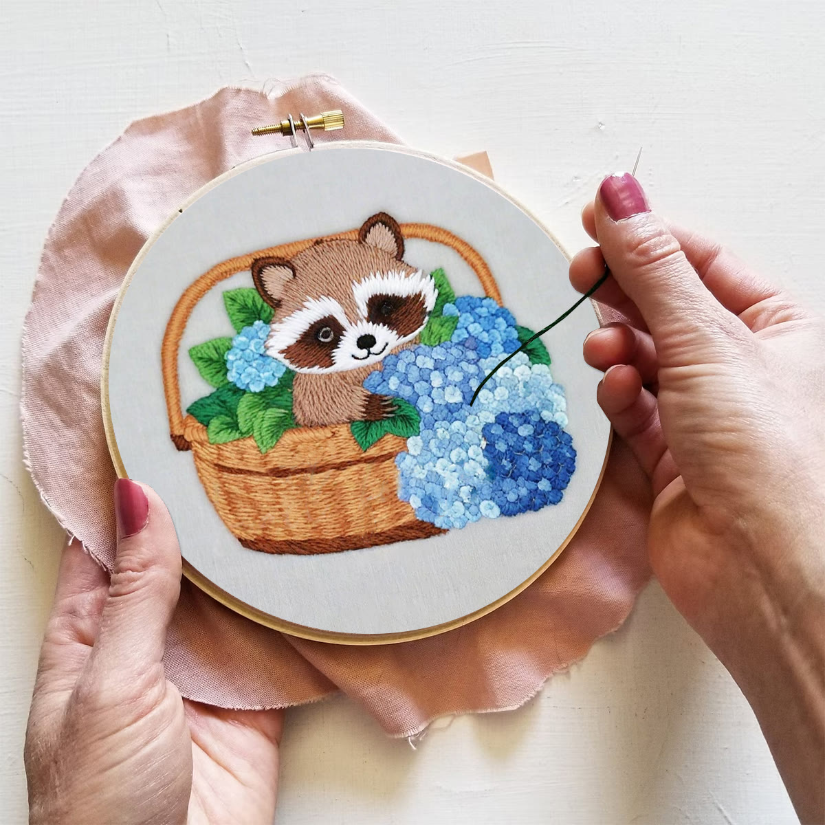 Rubbyoo Embroidery Kit-cute Raccoon In Basket Diy Craft Kits | For Craft Lover - image 4