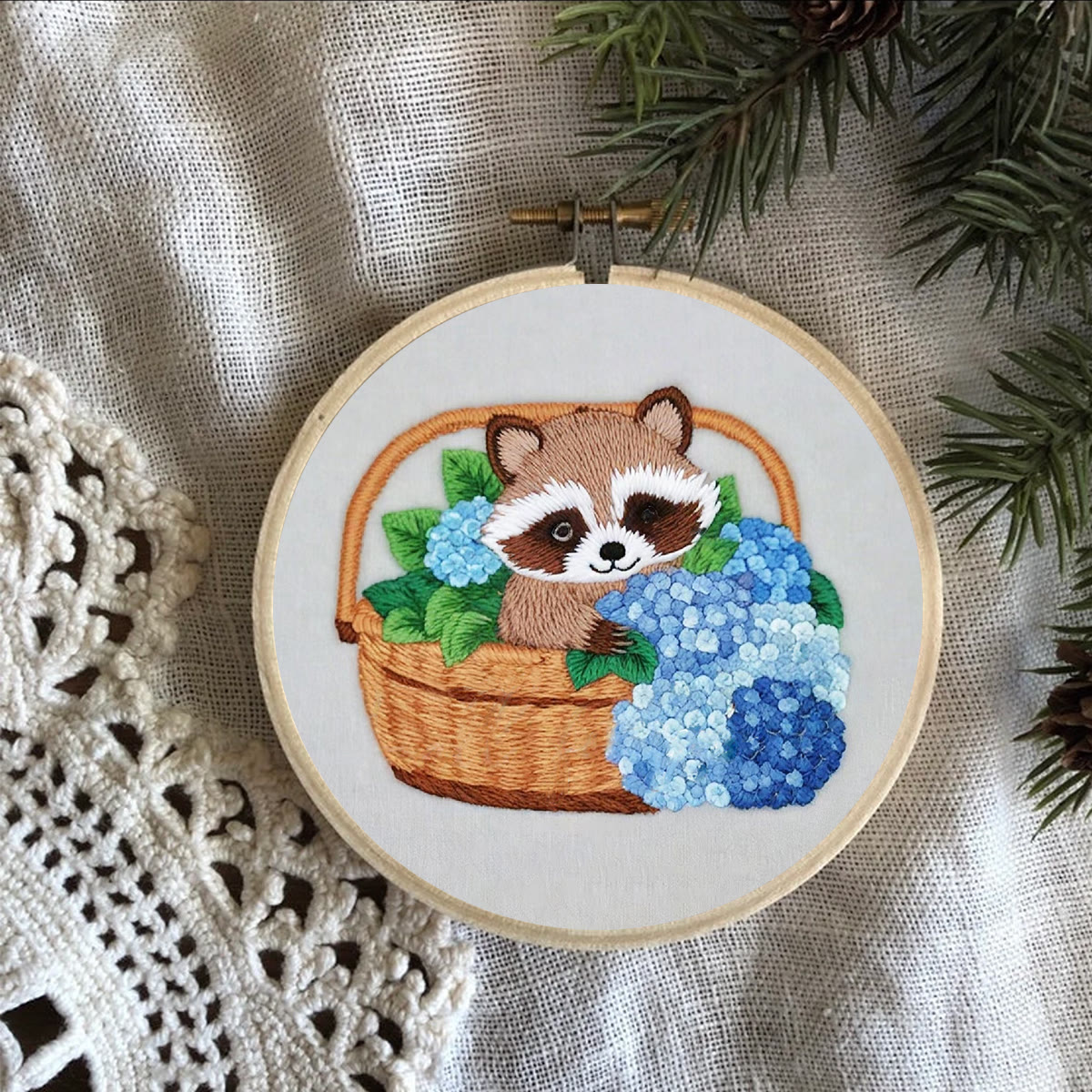 Rubbyoo Embroidery Kit-cute Raccoon In Basket Diy Craft Kits | For Craft Lover - image 9