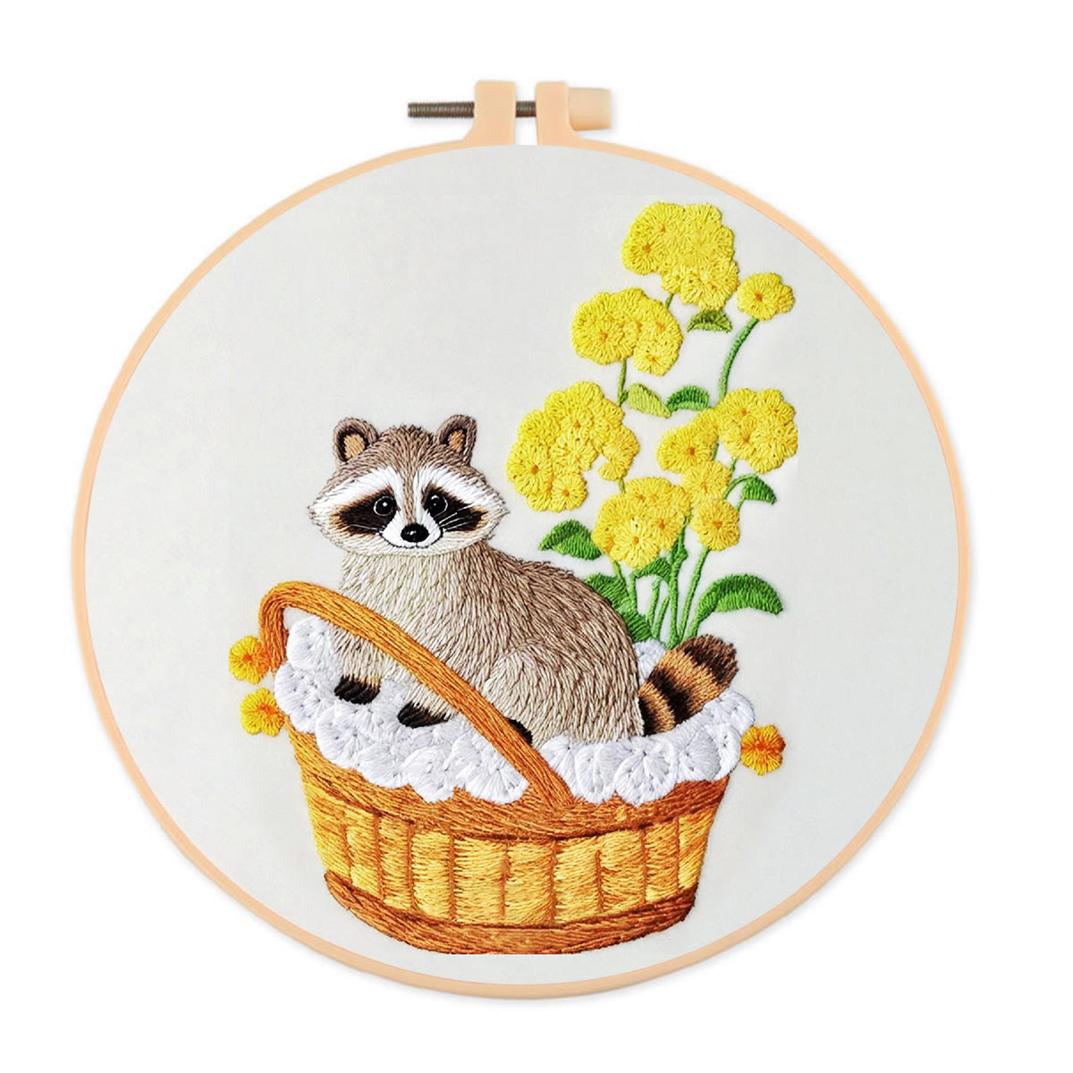 Rubbyoo Embroidery Kit- Cute Raccoon With Yellow Flower Diy Craft Kits | For Craft Lover - image 1