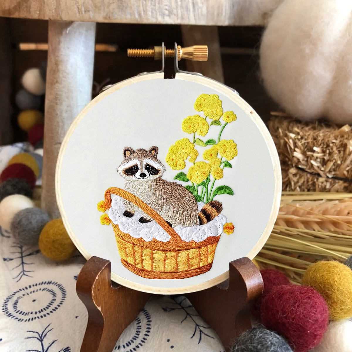 Rubbyoo Embroidery Kit- Cute Raccoon With Yellow Flower Diy Craft Kits | For Craft Lover - image 2