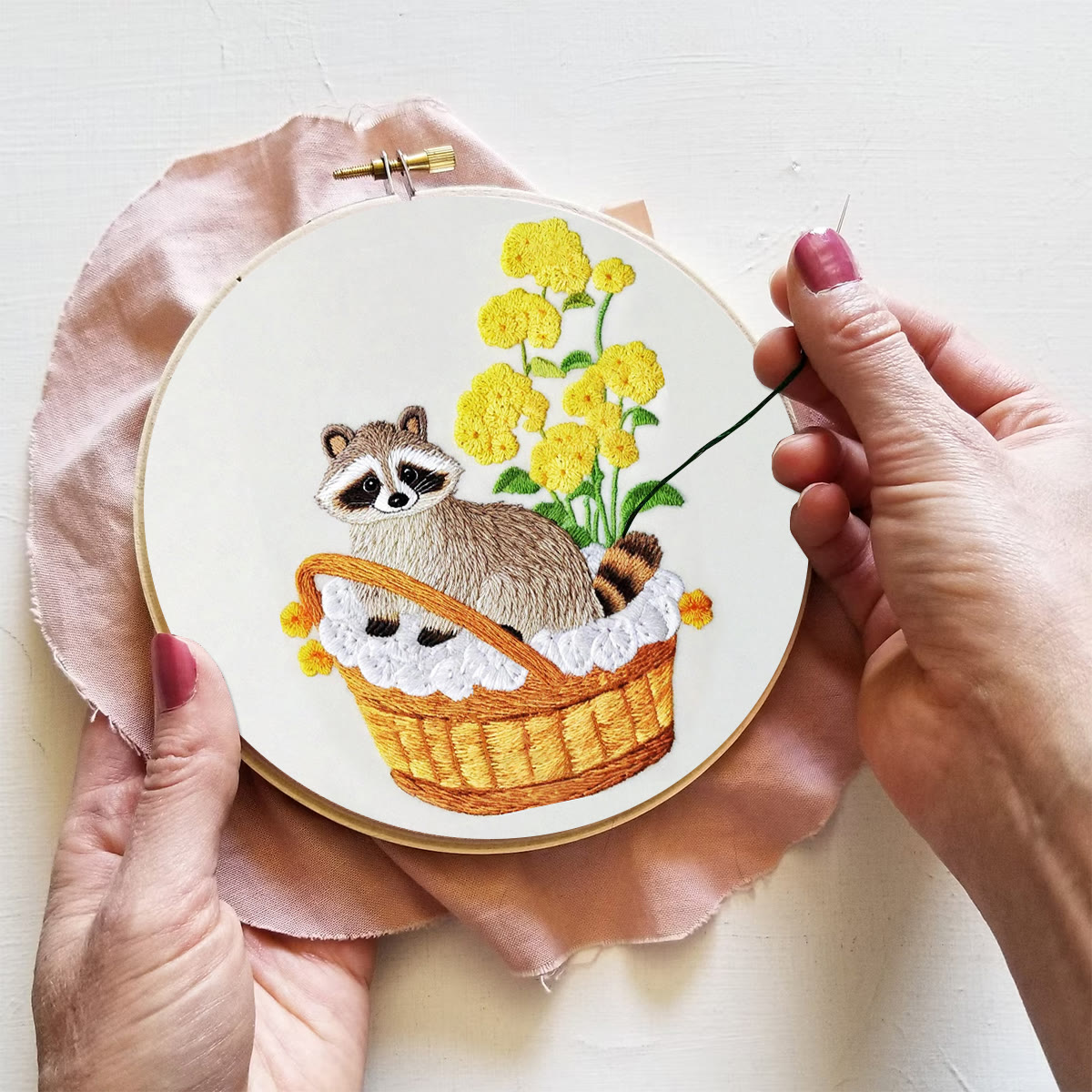 Rubbyoo Embroidery Kit- Cute Raccoon With Yellow Flower Diy Craft Kits | For Craft Lover - image 4