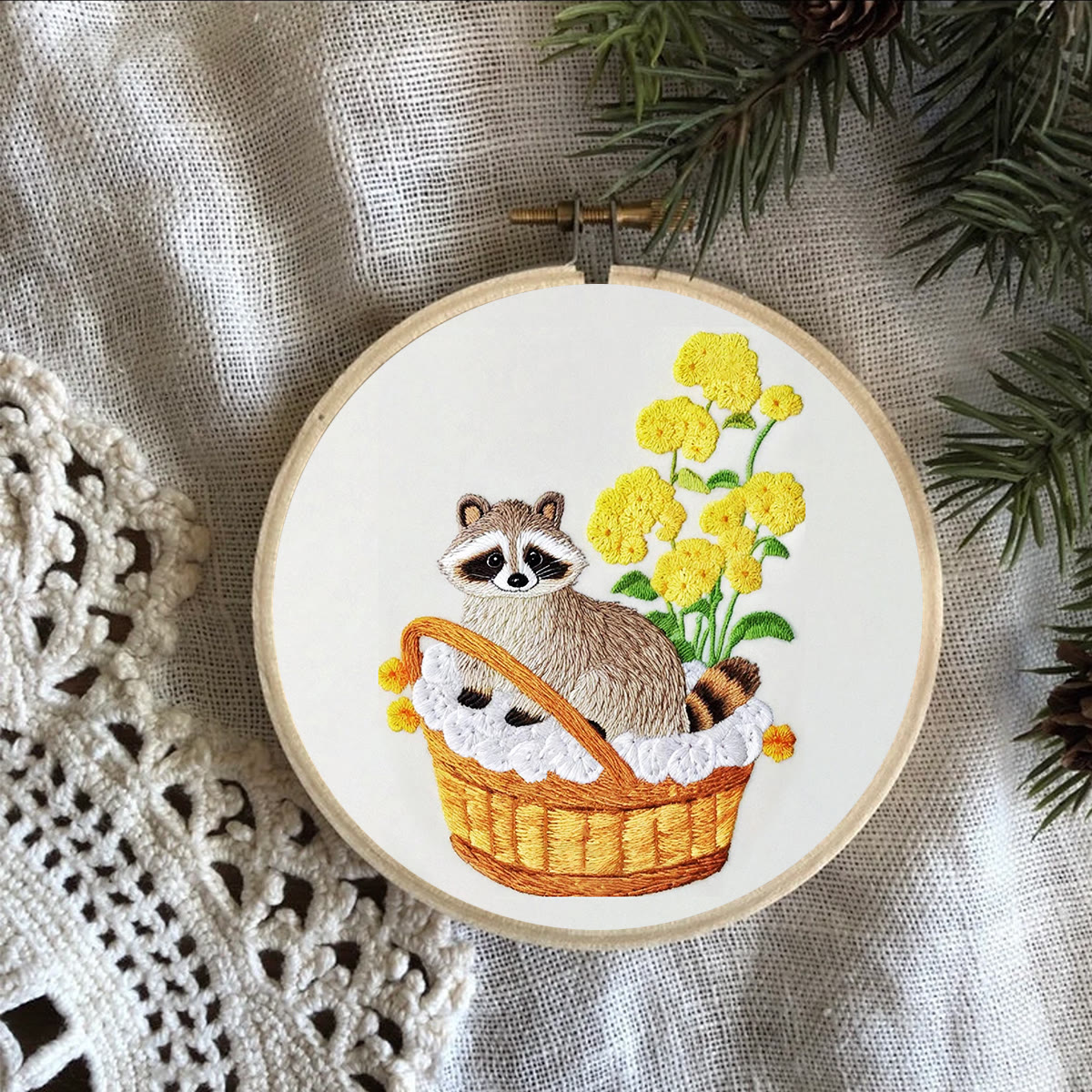 Rubbyoo Embroidery Kit- Cute Raccoon With Yellow Flower Diy Craft Kits | For Craft Lover - image 9