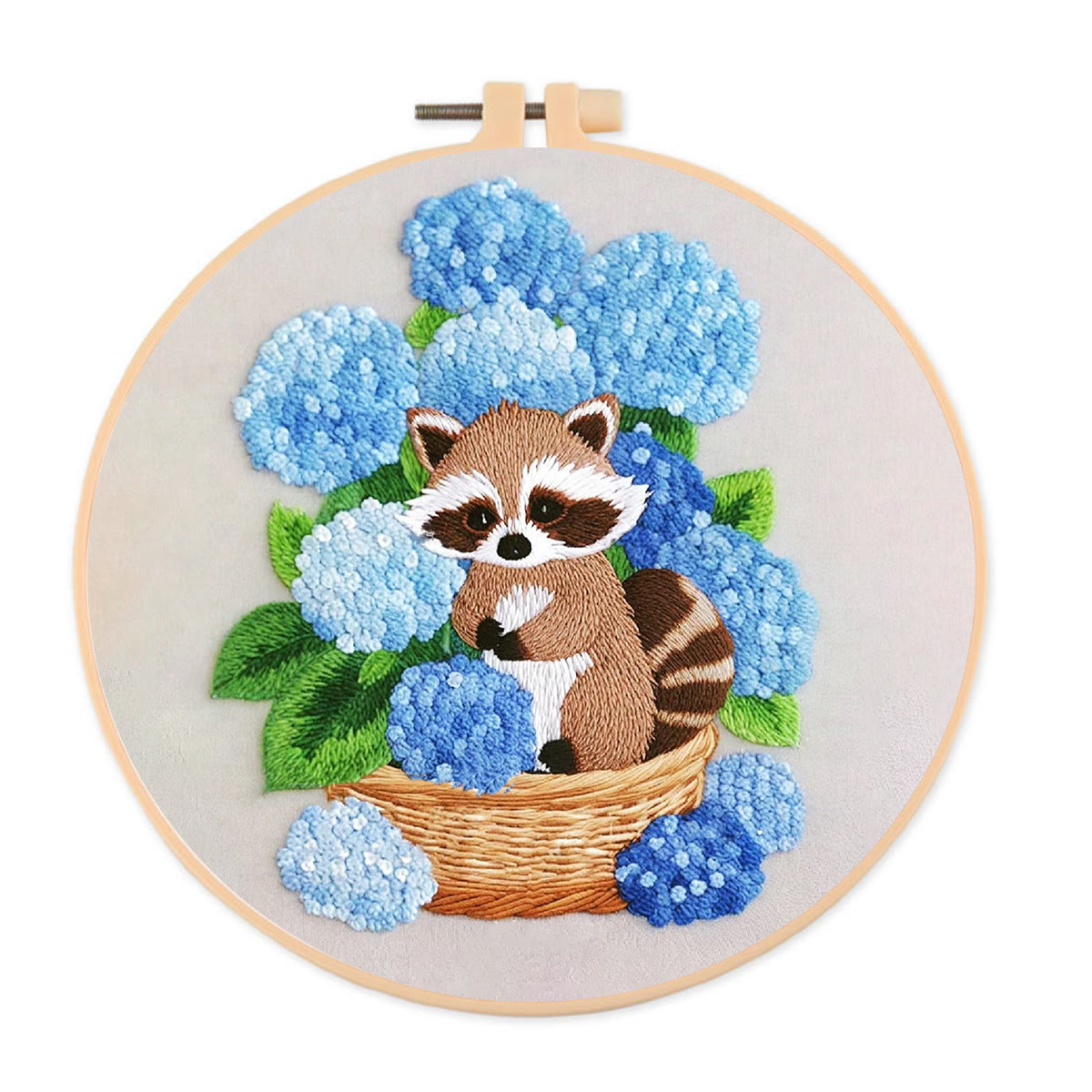 Rubbyoo Embroidery Kit- Cute Raccoon With Blue Flower Diy Craft Kits | For Craft Lover - image 1