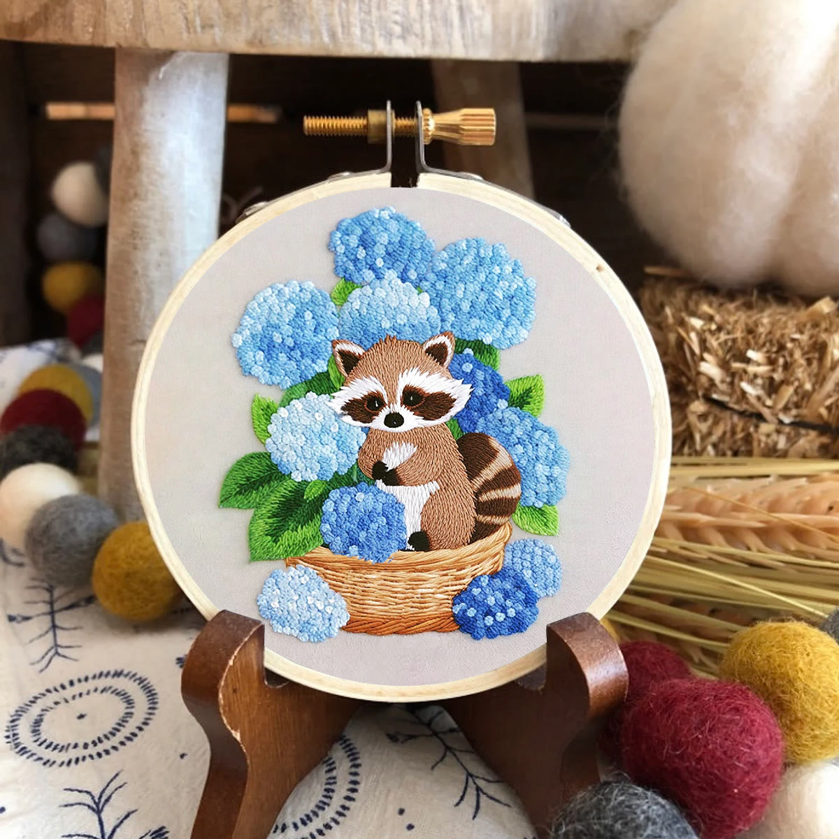 Rubbyoo Embroidery Kit- Cute Raccoon With Blue Flower Diy Craft Kits | For Craft Lover - image 2
