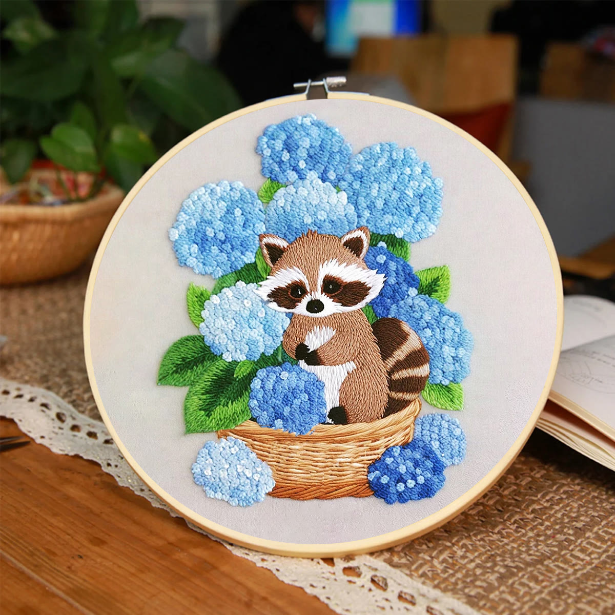 Rubbyoo Embroidery Kit- Cute Raccoon With Blue Flower Diy Craft Kits | For Craft Lover - image 4