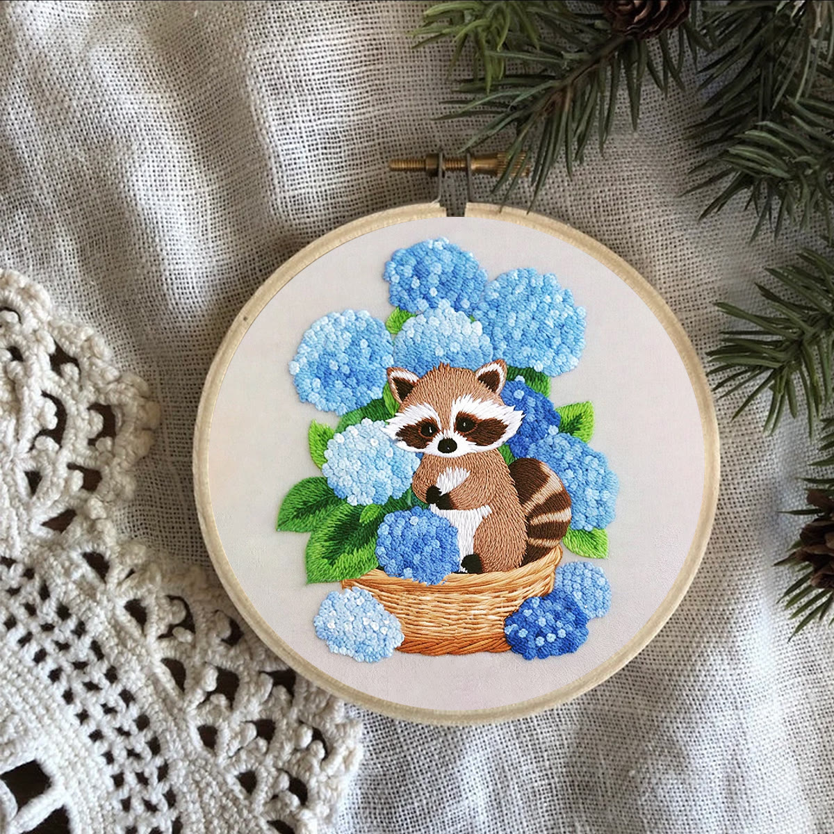 Rubbyoo Embroidery Kit- Cute Raccoon With Blue Flower Diy Craft Kits | For Craft Lover - image 9