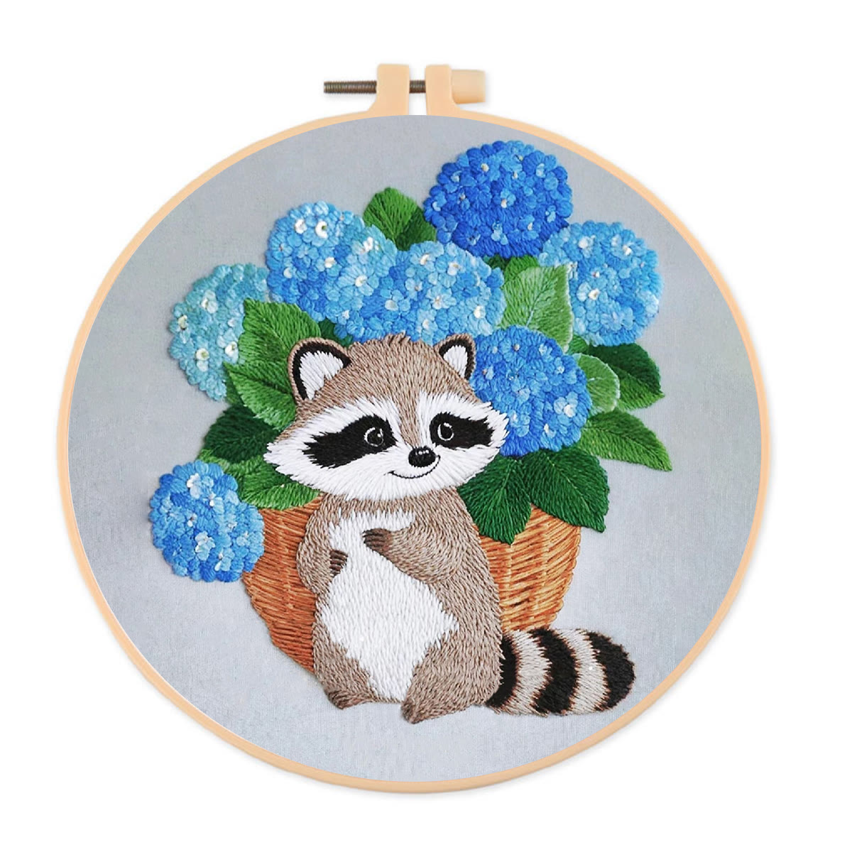 Rubbyoo Embroidery Kit- Cute Raccoon With Blue Flower 2 Diy Craft Kits | For Craft Lover - image 1