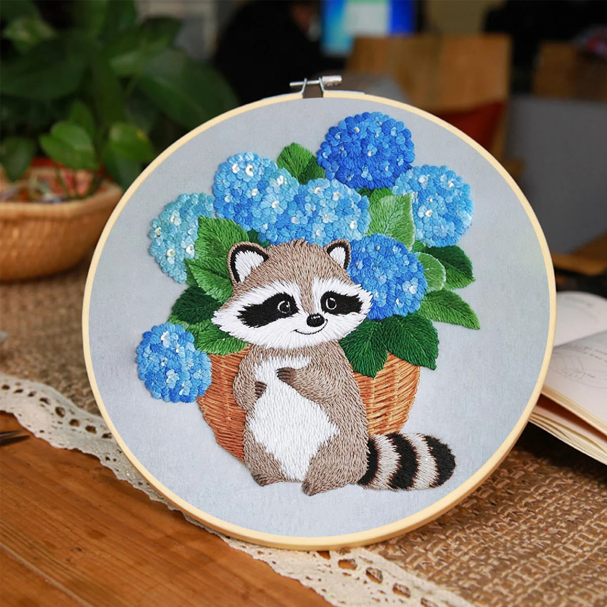 Rubbyoo Embroidery Kit- Cute Raccoon With Blue Flower 2 Diy Craft Kits | For Craft Lover - image 3